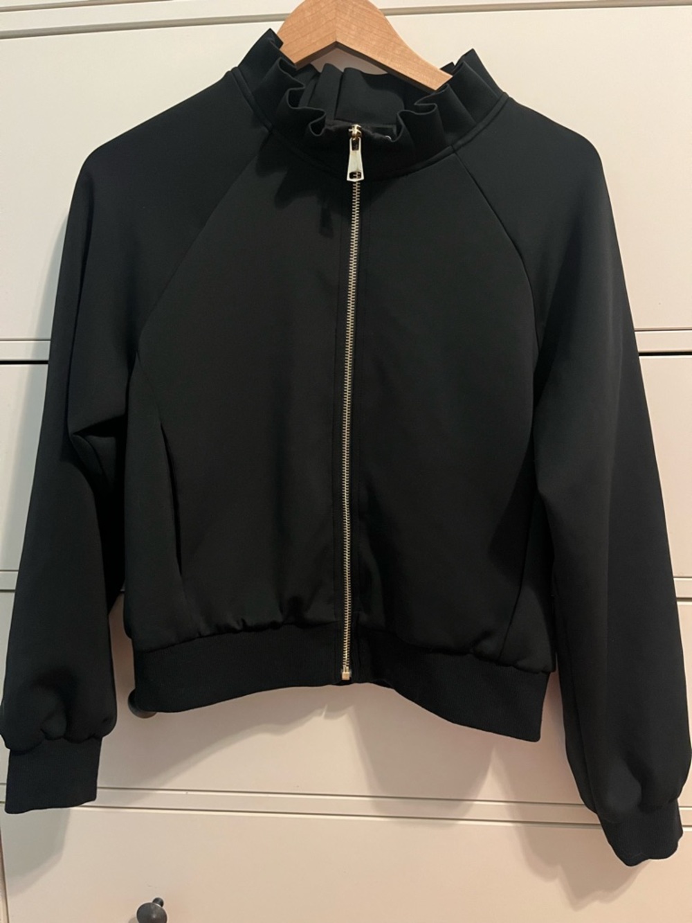 Women's Black Ruffle-Trim Zip Bomber Jacket - SSYS